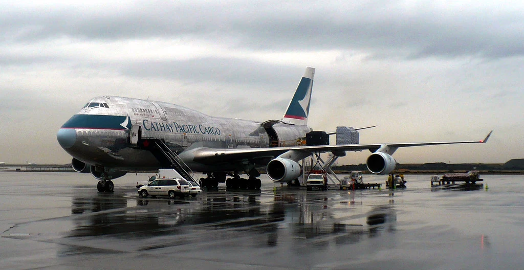 A Boeing 747 cargo freighter on the airport ramp — China to US air freight rates rose after Golden Week 2026 instead of falling